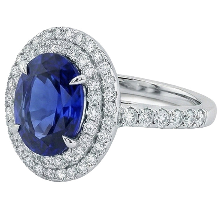 Grande bague ovale en diamant saphir bleu du Sri Lanka en or blanc de 4.55 ct 14K