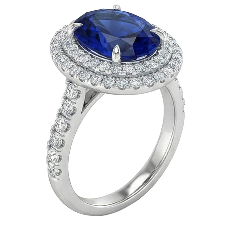 Grande bague ovale en diamant saphir bleu du Sri Lanka en or blanc de 4.55 ct 14K