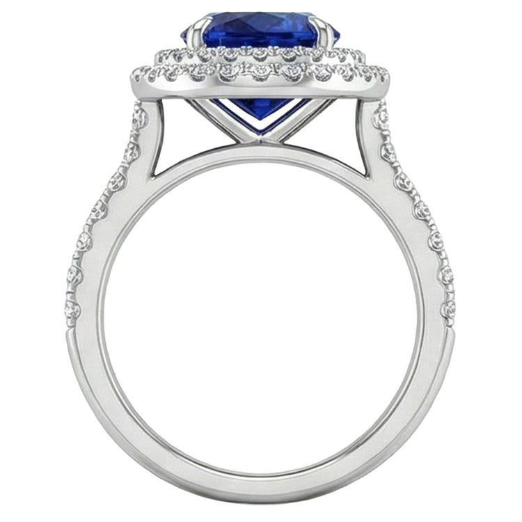 Grande bague ovale en diamant saphir bleu du Sri Lanka en or blanc de 4.55 ct 14K