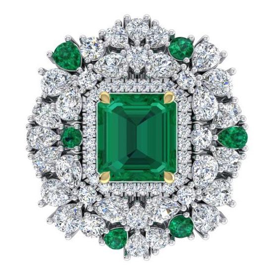 Grande Bague Cocktail Unique avec Émeraude Verte GIA et Diamants Naturels