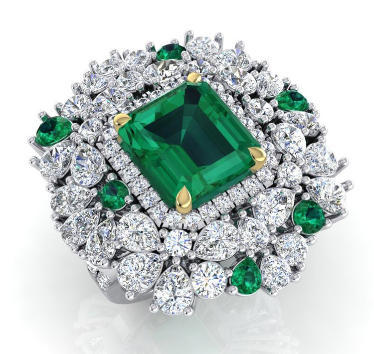 Grande Bague Cocktail Unique avec Émeraude Verte GIA et Diamants Naturels