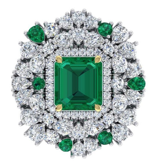 Grande Bague Cocktail Unique avec Émeraude Verte GIA et Diamants Naturels