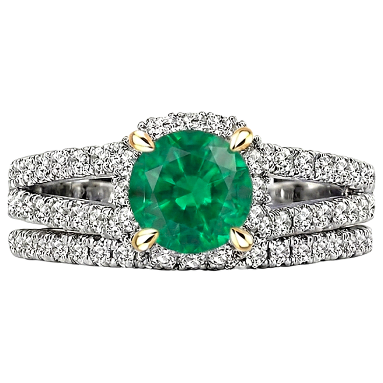 Émeraude Colombienne Taille Brillant Bague Pierre de Couleur en Or 14K Bicolore – vue de face
