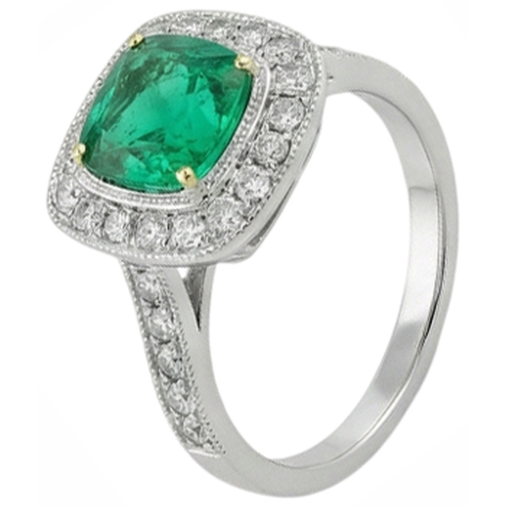 Taille Coussin Émeraude Colombienne bague en Or Bicolore 14 Carats – vue d'angle