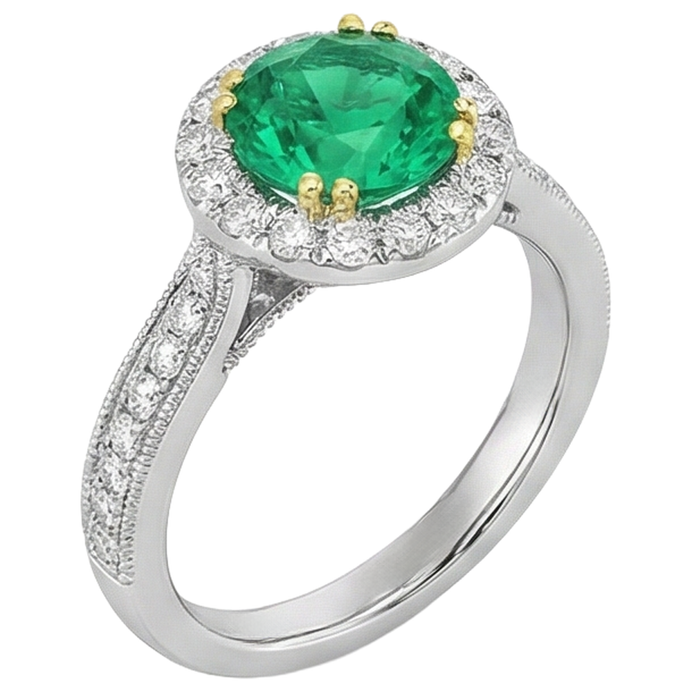 Émeraude Colombienne Taille Brillant Bague Pierre Précieuse en Or Deux Tons 14 Carats – vue de profil