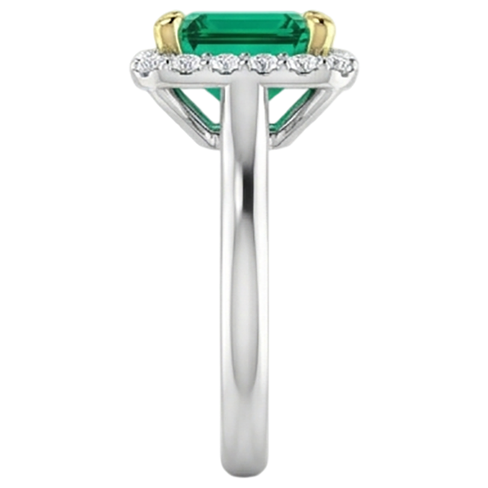 Émeraude Fine Taille Émeraude Bague Pierre de Couleur en Or Bicolore 14 Carats – vue de dessus