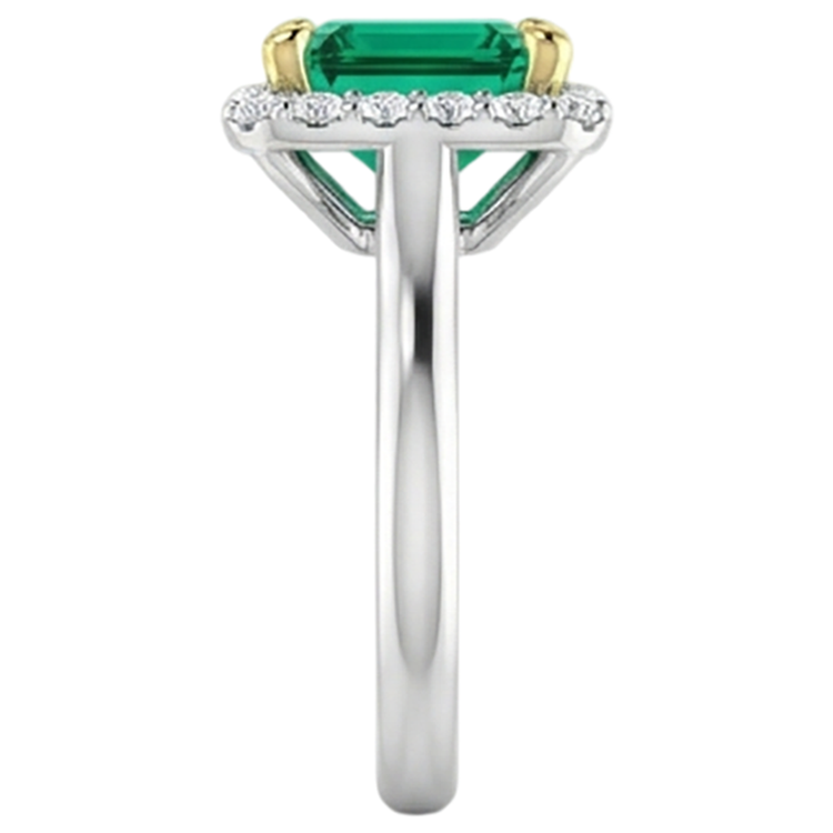 Émeraude Fine Taille Émeraude Bague Pierre de Couleur en Or Bicolore 14 Carats – vue de dessus