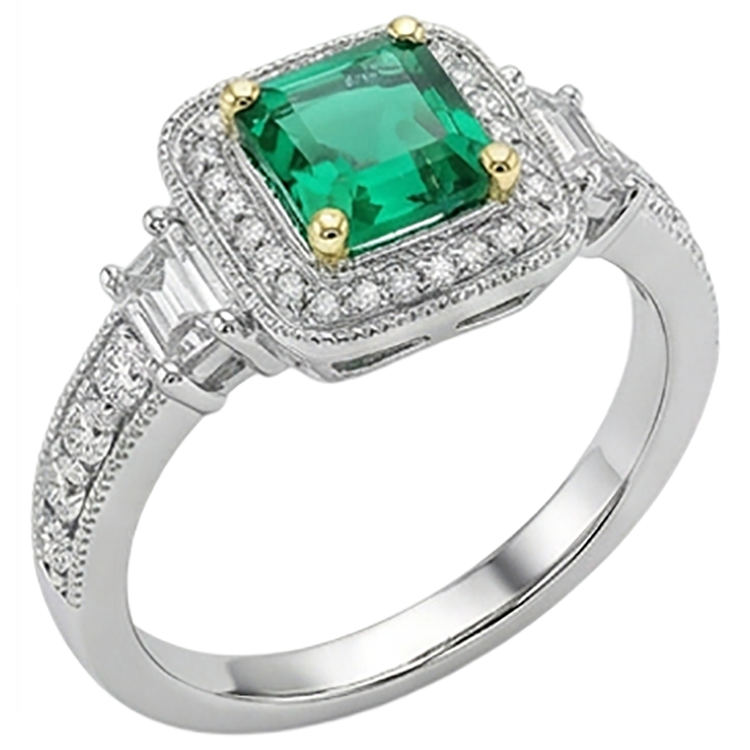 Bague Pierre de Couleur Or Bicolore 14 Carats avec Émeraude Fine – vue de côté