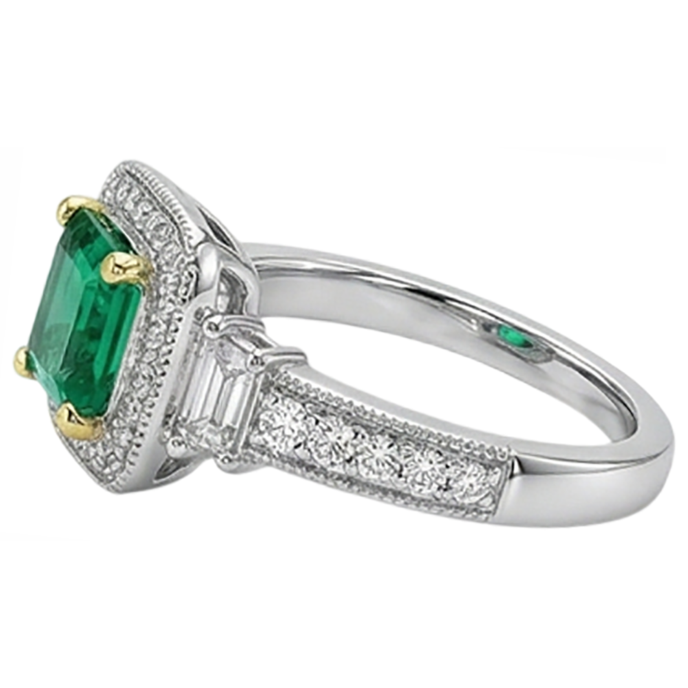 Émeraude Fine Bague Pierre de Couleur 3 carats Or Bicolore 14 Carats – vue de profil