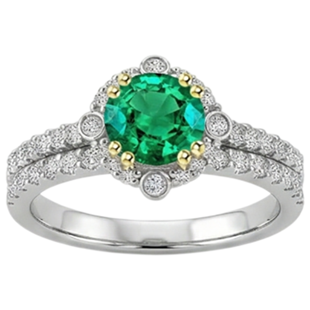 Bague Pierre Précieuse Or 14K Bicolore avec Émeraude Fine – vue d'angle