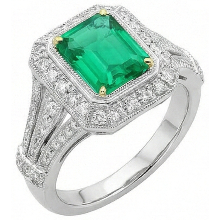 Émeraude Taille Émeraude Bague Pierre Précieuse en Or Deux Tons 14 Carats – vue de côté
