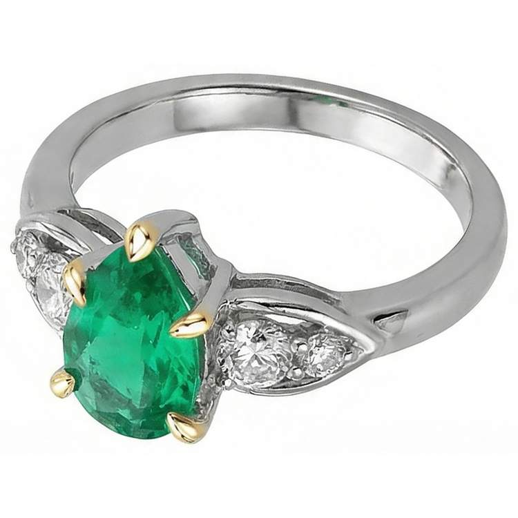 Émeraude Fine Taille Poire Bague Pierre de Couleur en Or 14K Bicolore – vue de face
