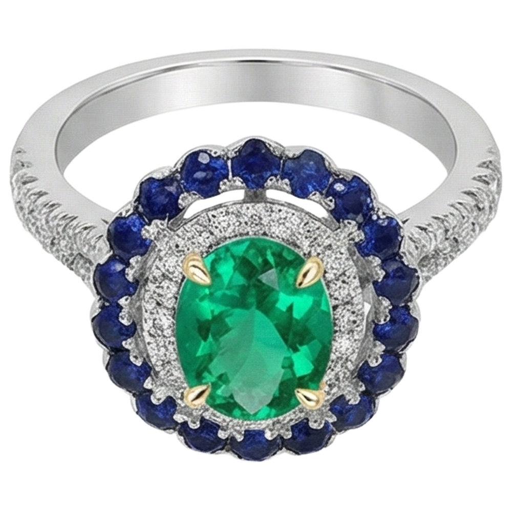 Émeraude Colombienne Bague avec Gemme 2-carats Or Deux Tons 14 Carats – vue de face