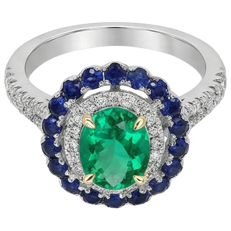Émeraude Colombienne Bague avec Gemme 2-carats Or Deux Tons 14 Carats – vue de face
