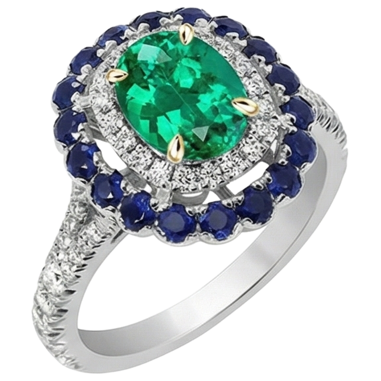 Ovale Émeraude Colombienne bague en Or Deux Tons 14 Carats – vue de côté