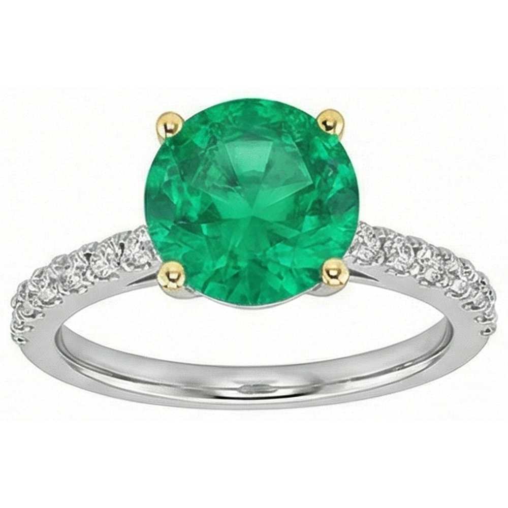 Taille Ronde Émeraude Colombienne bague en Or 14K Bicolore – vue de face