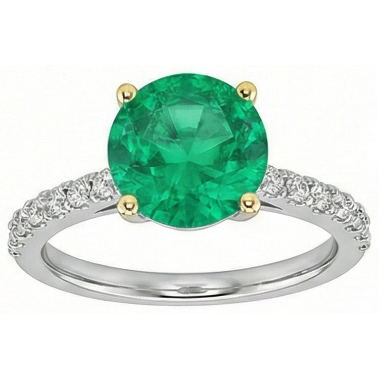 Taille Ronde Émeraude Colombienne bague en Or 14K Bicolore – vue de face