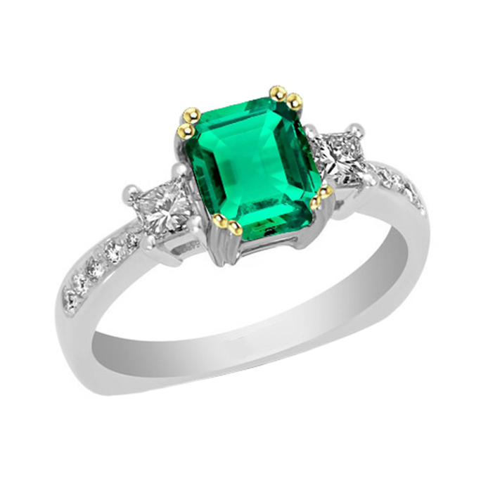 Émeraude Colombienne Taille Émeraude Bague avec Gemme en Or Deux Tons 14 Carats – vue principale
