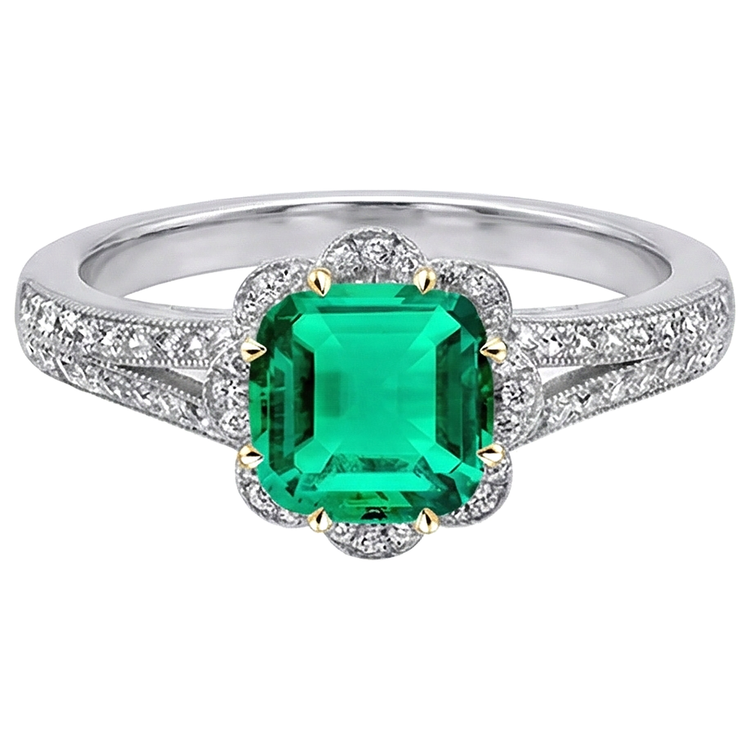 Bague avec Gemme Or Deux Tons 14 Carats avec Émeraude Fine – vue de côté