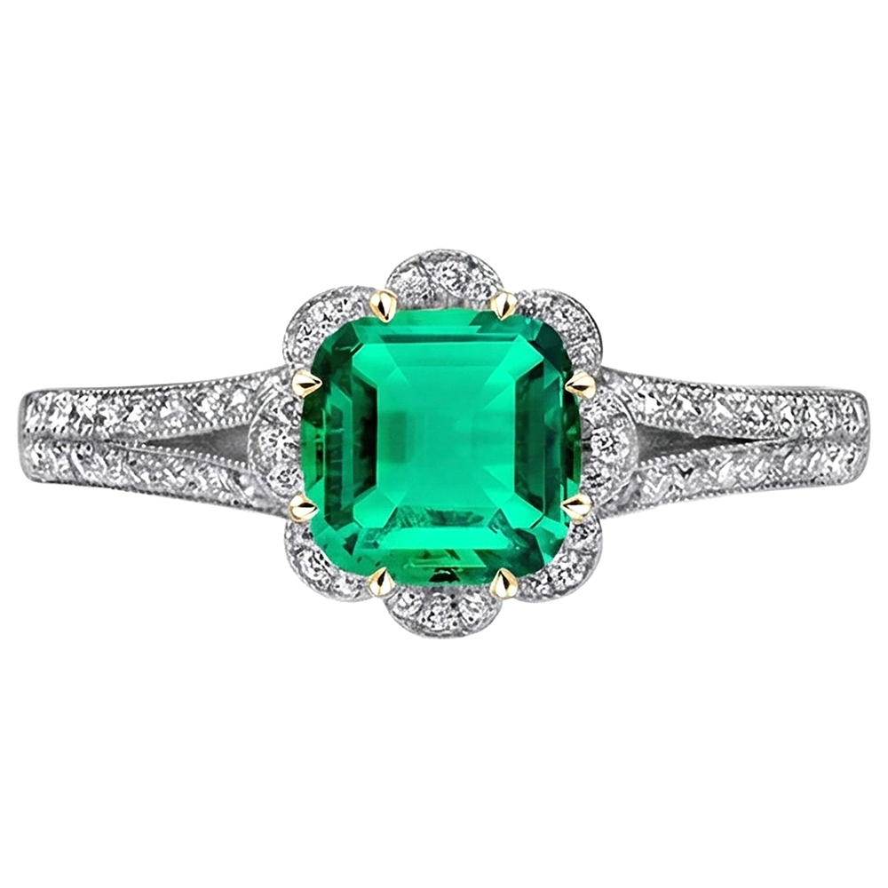 Taille Coussin Émeraude Fine bague en Or Deux Tons 14 Carats – vue de face