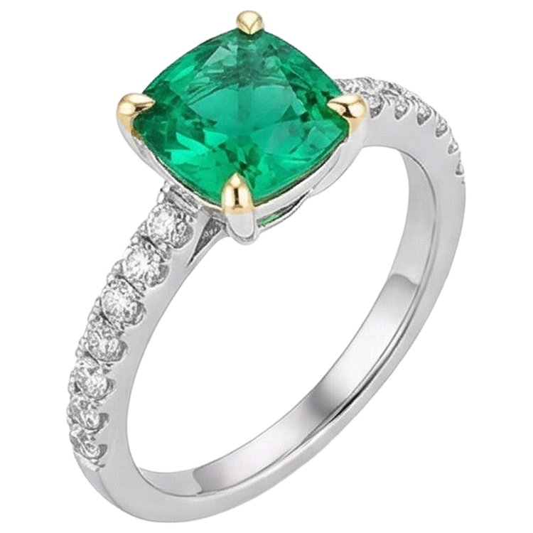 Coussin Émeraude Fine bague en Or Bicolore 14 Carats – vue de côté