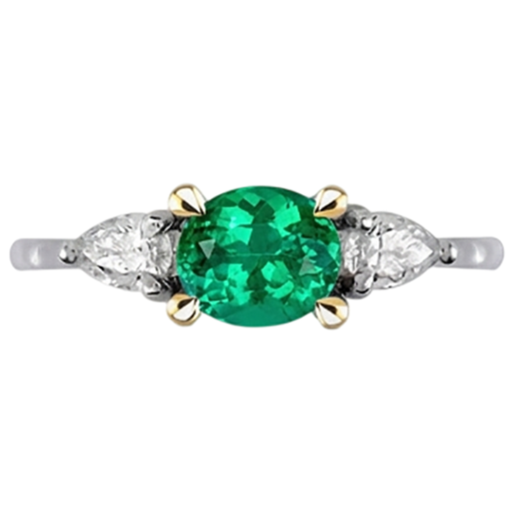 Émeraude Fine Taille Ovale Bague Pierre Précieuse en Or Bicolore 14 Carats – vue d'angle