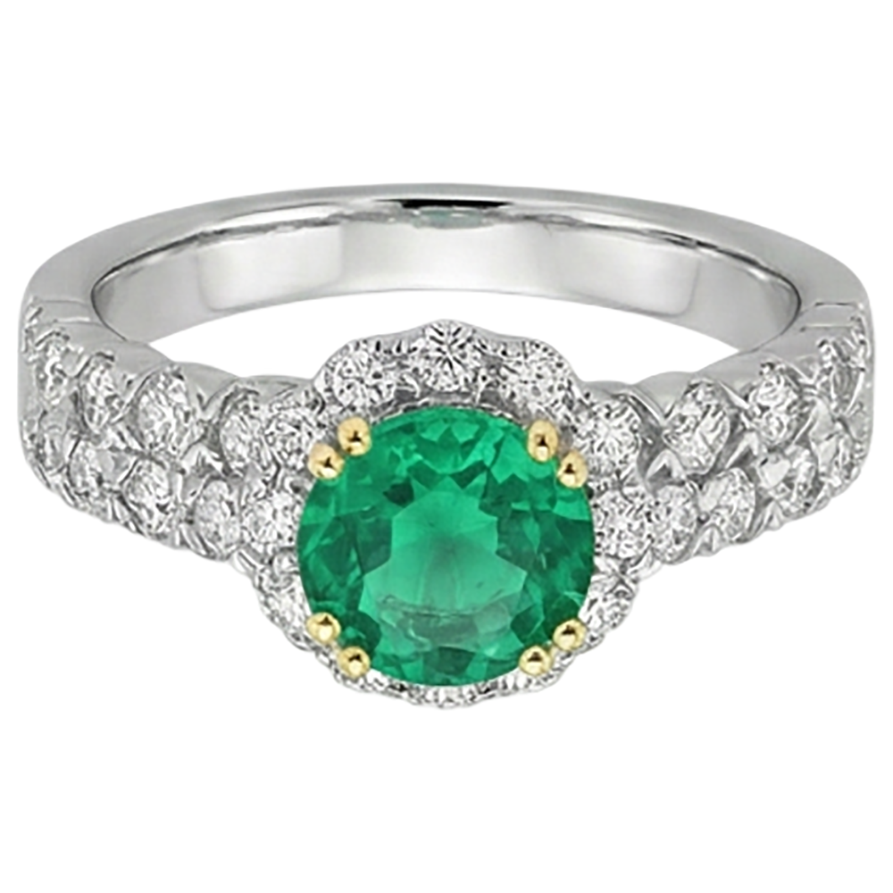 Émeraude Fine Taille Ronde Bague avec Gemme en Or Bicolore 14 Carats – vue d'angle