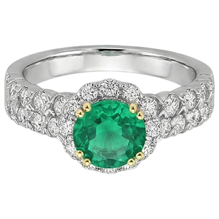 Émeraude Fine Taille Ronde Bague avec Gemme en Or Bicolore 14 Carats – vue d'angle