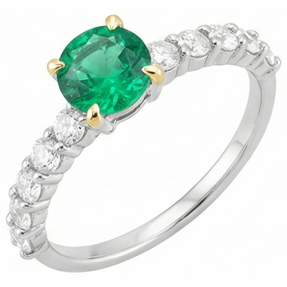 Émeraude Taille Brillant Bague Pierre de Couleur en Or Bicolore 14 Carats – vue de face
