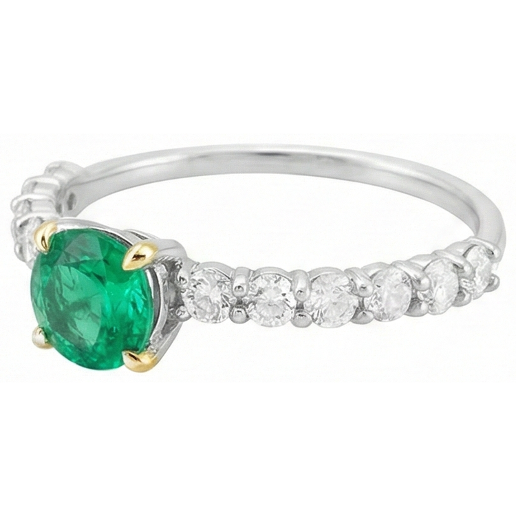 Émeraude Taille Brillant Bague Pierre de Couleur en Or Bicolore 14 Carats – vue d'angle