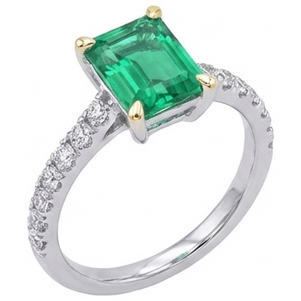 Émeraude Bague Pierre de Couleur 2,50-carats Or Deux Tons 14 Carats – vue de face