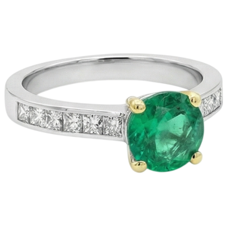 Émeraude Fine Taille Ronde Bague Pierre de Couleur en Or Deux Tons 14 Carats – vue de dessus