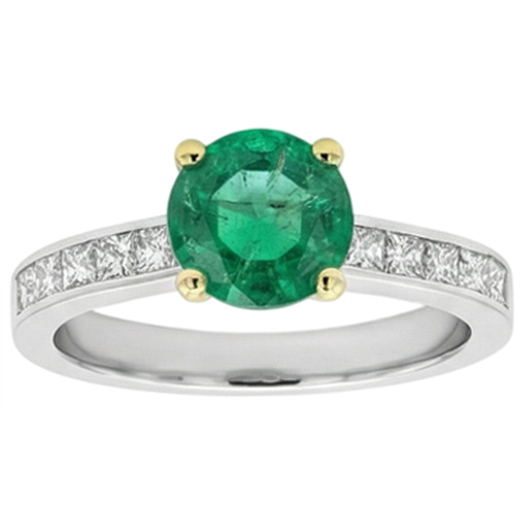 Émeraude Fine Taille Ronde Bague Pierre de Couleur en Or Deux Tons 14 Carats – vue de face
