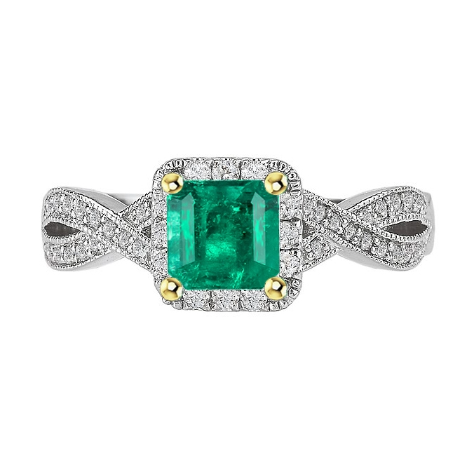 Bague Pierre Précieuse Or Deux Tons 14 Carats avec Émeraude Fine – vue principale