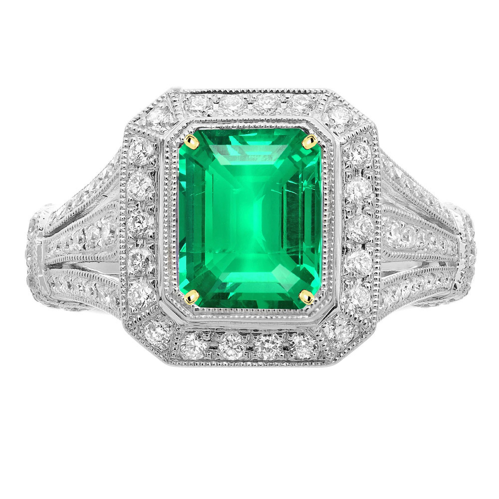 Émeraude Taille Émeraude Bague Pierre Précieuse en Or Deux Tons 14 Carats – vue principale