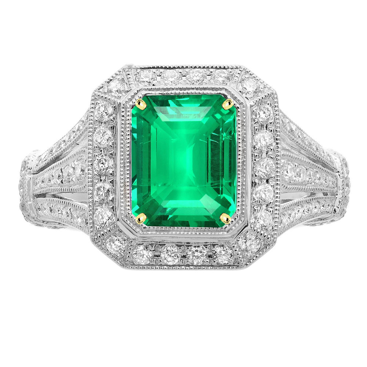 Émeraude Taille Émeraude Bague Pierre Précieuse en Or Deux Tons 14 Carats – vue principale