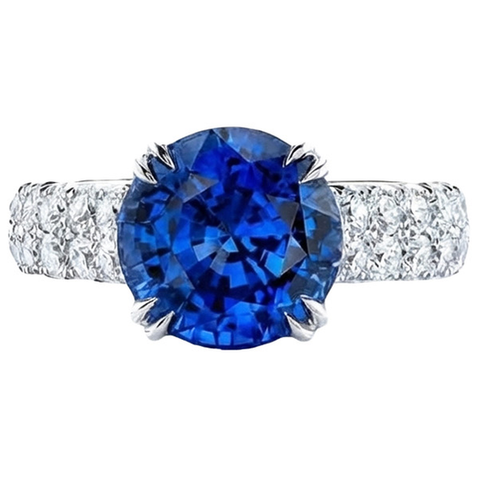 Grosse Bague Diamant Naturels Extraits des Mines ( et non cultivés en laboratoire ) Rond Saphir Bleu Véritable 6 Carats Sertie De Griffes Or