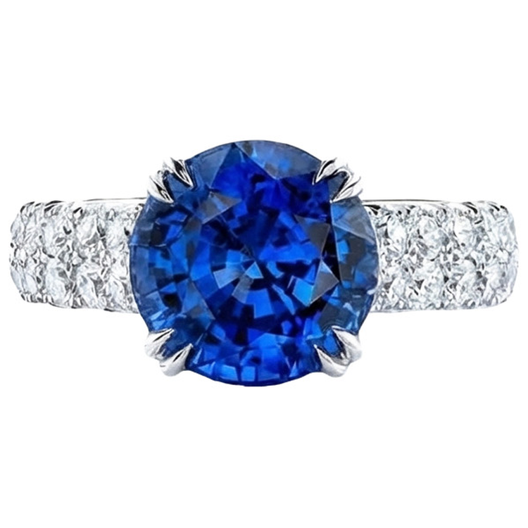 Grosse Bague Diamant Naturels Extraits des Mines ( et non cultivés en laboratoire ) Rond Saphir Bleu Véritable 6 Carats Sertie De Griffes Or