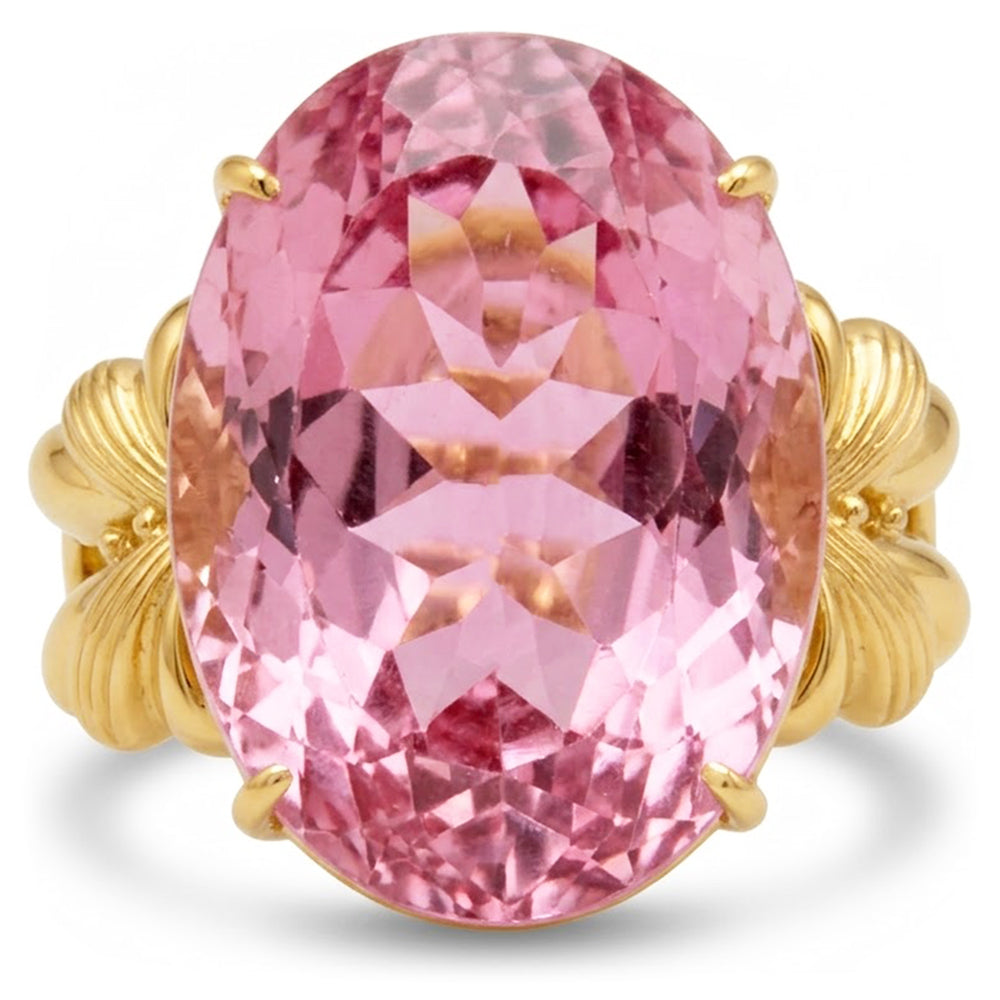 Grosse bague en pierres précieuses de Kunzite rose taille ovale 30 ct. Or Jaune 14K