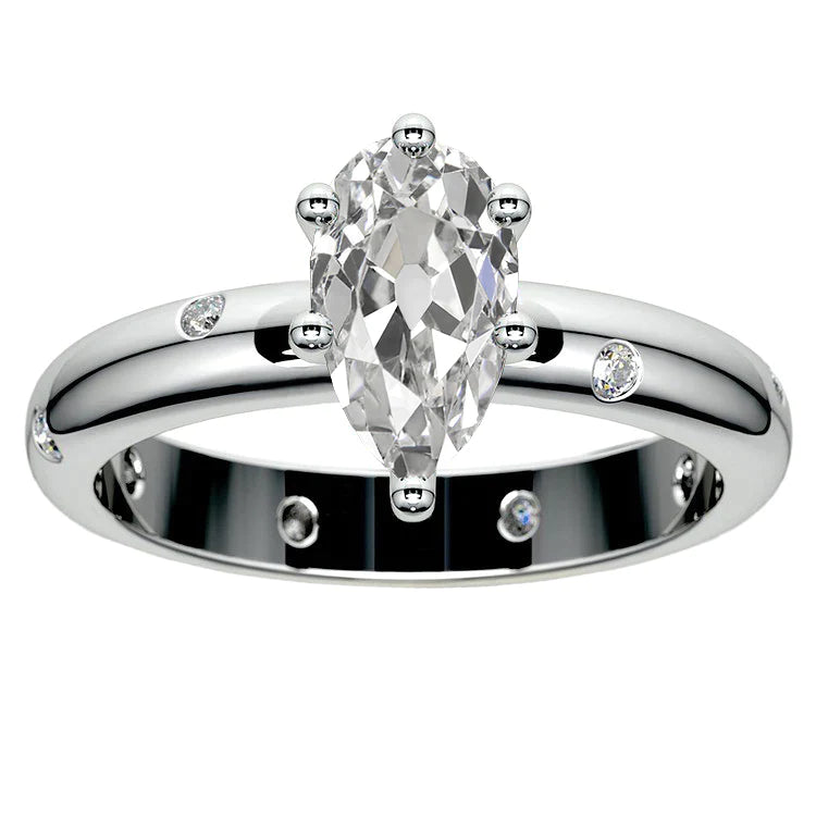 Gypsy Pear Old Miner Réel Diamond Ring Flush Set Or Blanc 14K 4,50 Ct