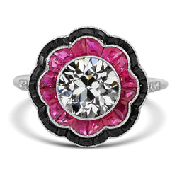 Halo Art Deco Jewelry New Old Cut Ring Noir Onyx & Rose Saphir Style Fleur Réel Diamant