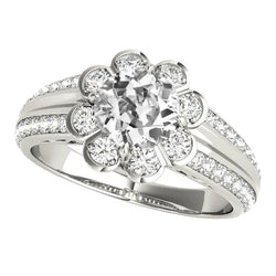 Halo Bague Réel Diamant Rond Taille Ancienne Style Fleur 5 Carats Tige Conique