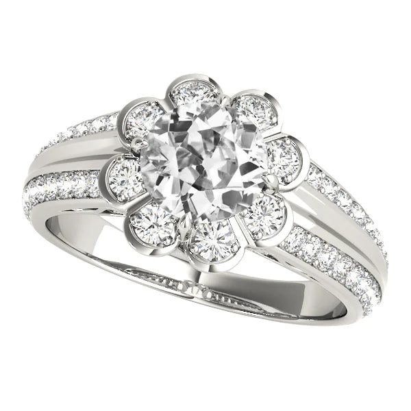 Halo Bague Réel Diamant Rond Taille Ancienne Style Fleur 5 Carats Tige Conique