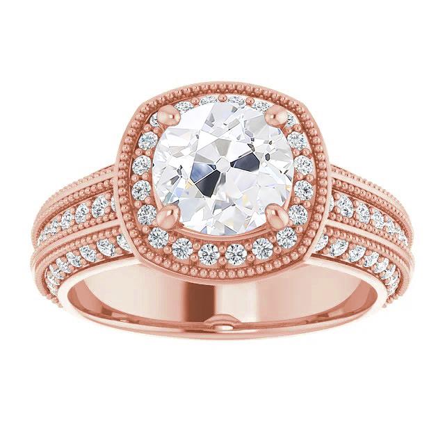 Halo Bague Réel Diamant Rond Taille Ancienne Style Vintage 4.75 Carats Or Rose