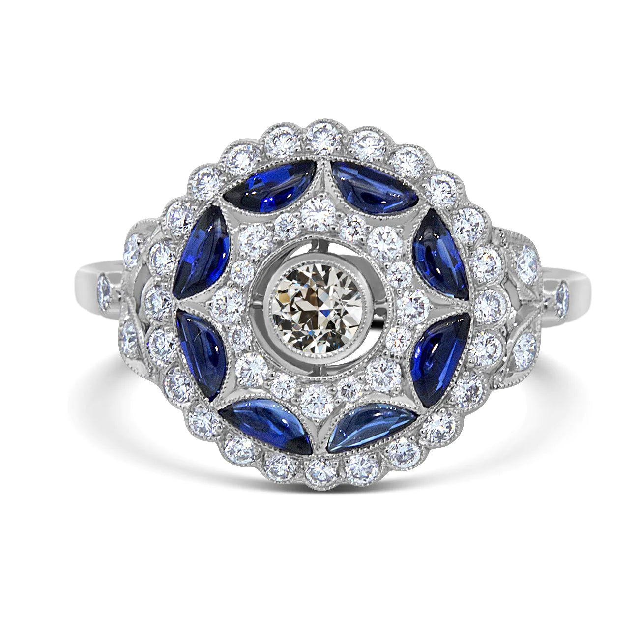 Halo Bague Réel Diamant Taille Ancienne Demi Lune Saphir Style Fleur 3 Carats
