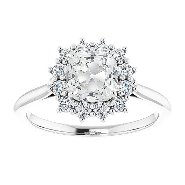 Halo Bague de Mariage Coussin Ancienne Mine Cut Réel Diamant Style Fleur 7 Carats