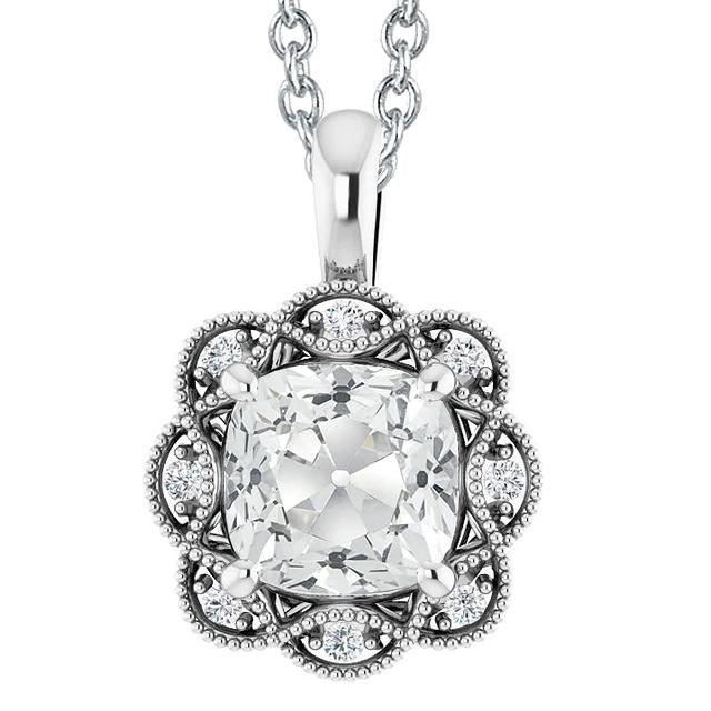 Halo Cushion Ancienne Mine Cut Naturel Diamond Slide Pendentif Or Millgrain 6 Carats