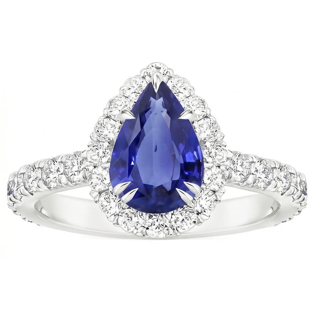 Halo Diamond Gemstone Ring Pear Ceylan Sapphire Claw Griff Set 6 Carat