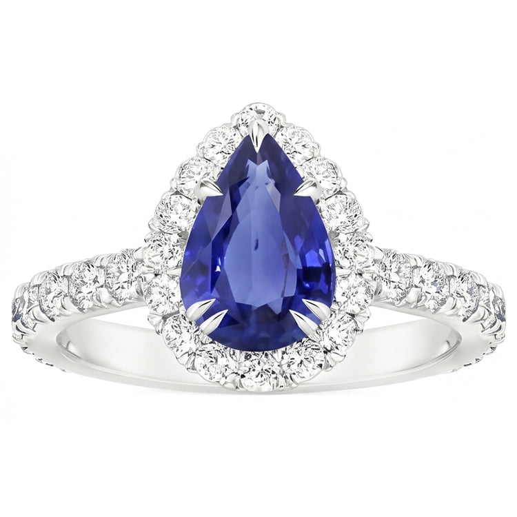 Halo Diamond Gemstone Ring Pear Ceylan Sapphire Claw Griff Set 6 Carat