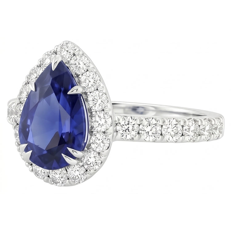 Halo Diamond Gemstone Ring Pear Ceylan Sapphire Claw Griff Set 6 Carat